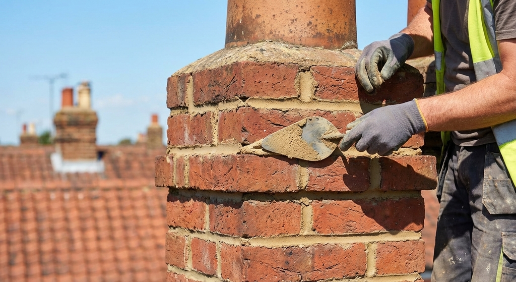 Skilled mason repairing traditional brick chimney stack