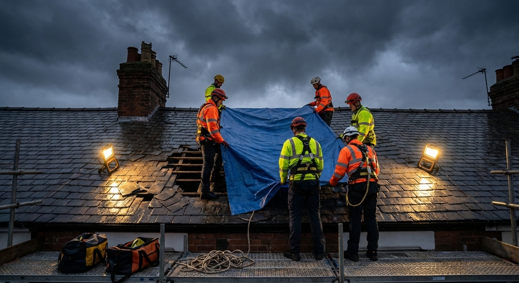 Emergency roofing team deploying tarpaulin on storm-damaged roof