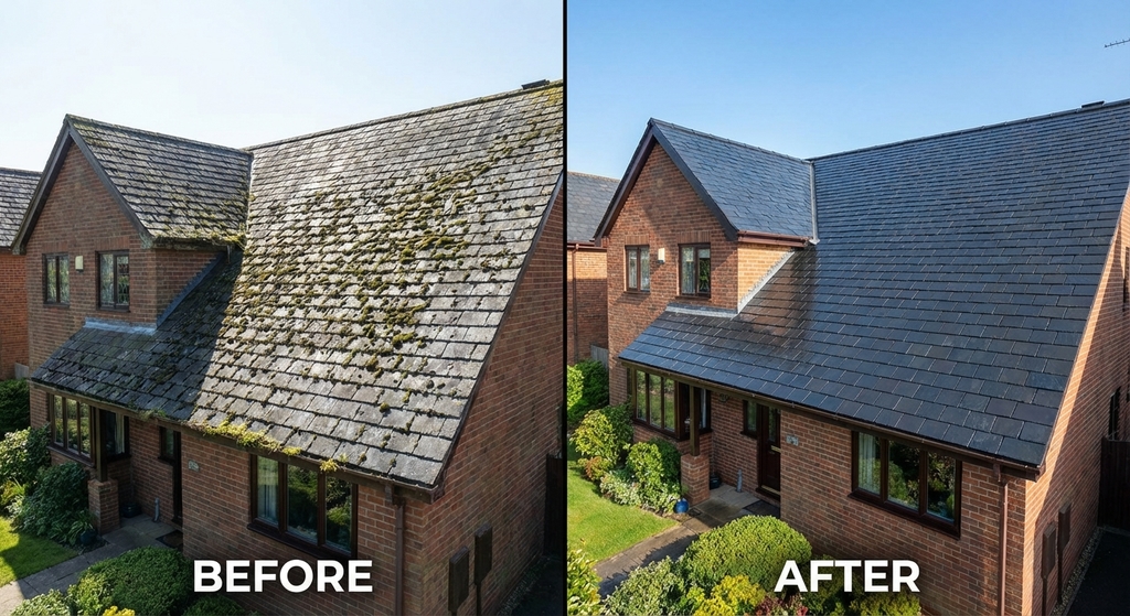 Before and after professional roof cleaning on British home