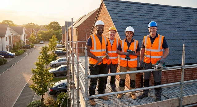 Professional roofing team standing confidently next to completed slate roof
