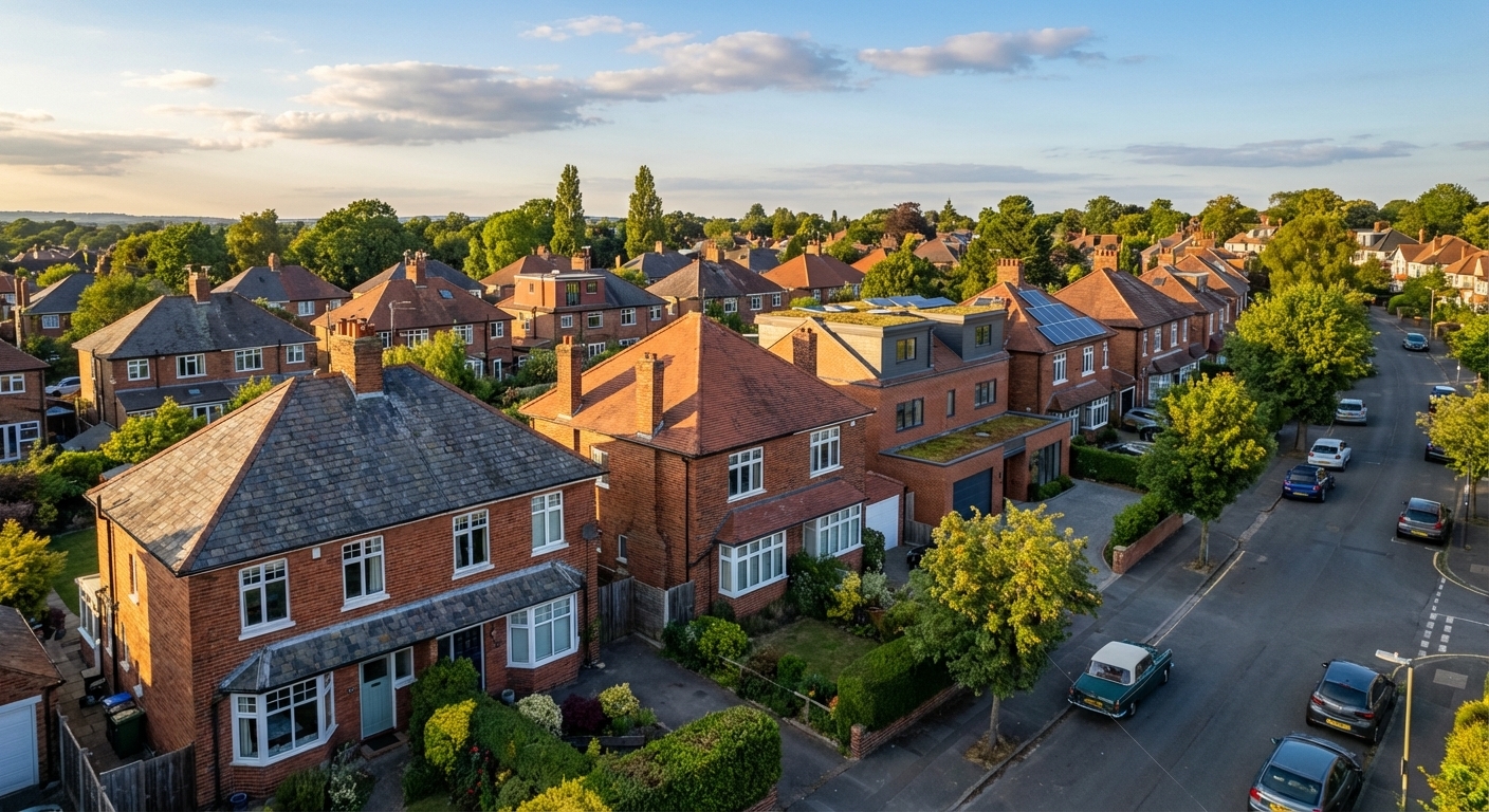 Beautiful British homes with pristine rooftops at golden hour