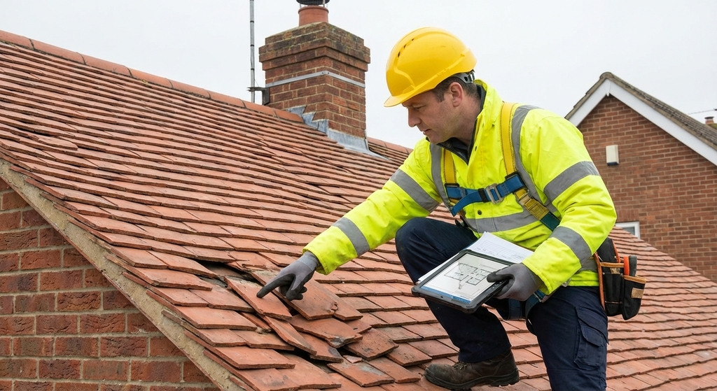 Professional roof inspector examining tile condition