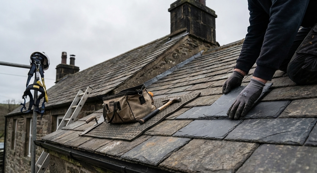 Professional roofer repairing damaged slate tiles on a British home